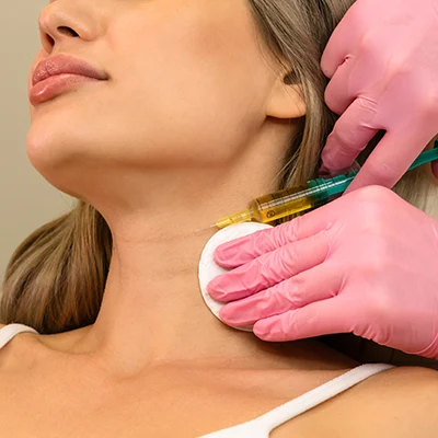 A gloved hand administering an injection into a person's neck during a procedure.